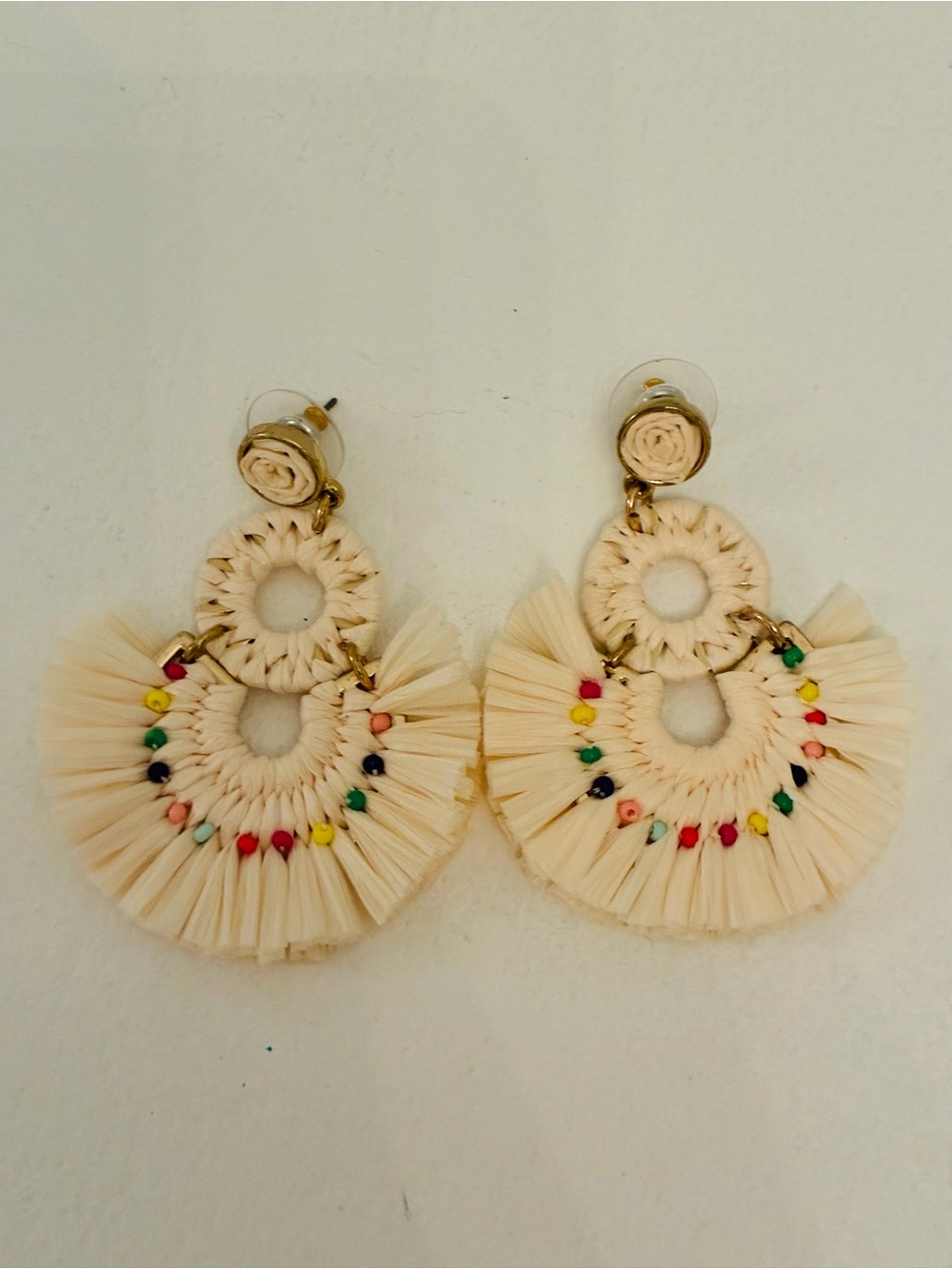 J. Crew Cream Raffia Fan Drop Earrings with Multicolor Beads